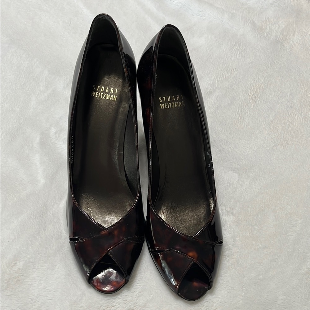 Stuart Weitzman Women's Dark Brown Peep Toe Heels